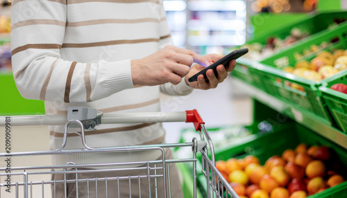 Person using smartphone for grocery shopping, comparing products