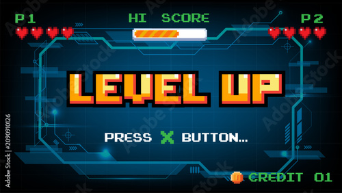 Retro 8-bit pixel art Level Up arcade screen featuring a blue HUD grid interface, health hearts, high score progress bar, and press button text. Perfect for gaming UI and nostalgic retro game assets.
