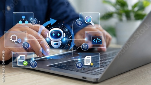 Businessman Using Agentic AI System on Laptop for Autonomous Workflow Automation, Intelligent Search, Coding Assistance, Data Analytics and Digital Document Management