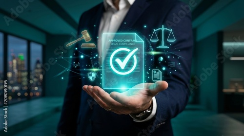 Professional holding digital checkmark icon for legal compliance and business law
