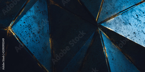 Low-poly blue terrain highlighted by glowing gold geometry