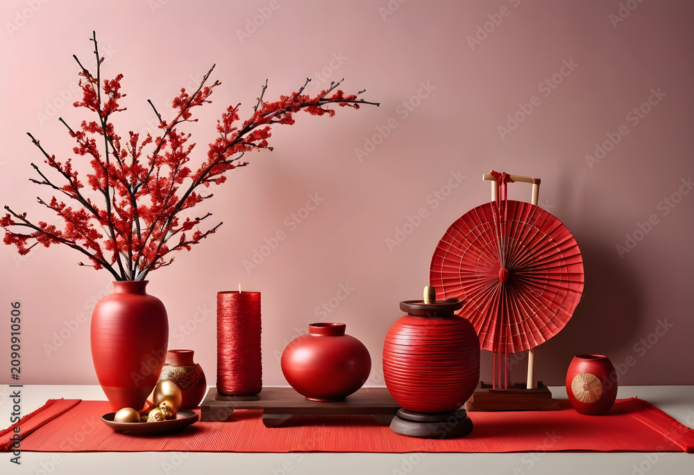 Fototapeta premium Japanese New Year decorations with red vases and umbrella