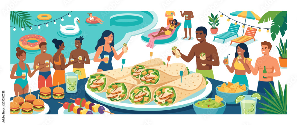 Fototapeta premium Summer Pool Party Food Fiesta: Wraps, Burgers, Guacamole, Drinks & Happy People