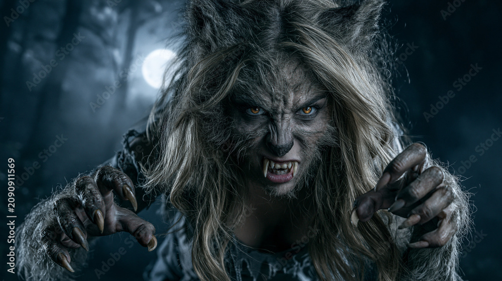 Obraz premium Fierce Female Werewolf Snarling Under Full Moon in Dark Forest