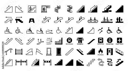 :
Modern Staircase and Escalator Outline Solid Icon Collection Editable Architectural Vector Set
