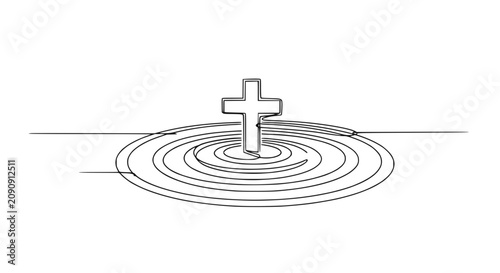 Obraz na płótnie Christian Cross in Rippling Water - Single Line Drawing