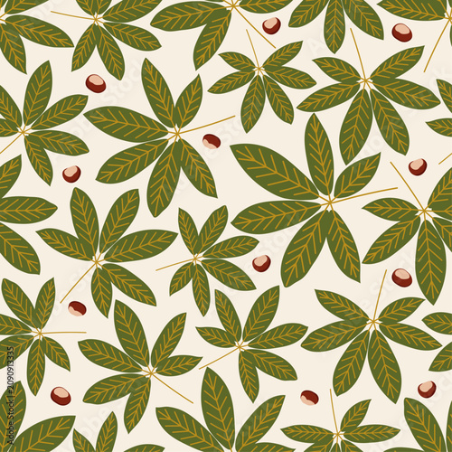 Chestnut leaves and chestnuts seamless autumn pattern on light background