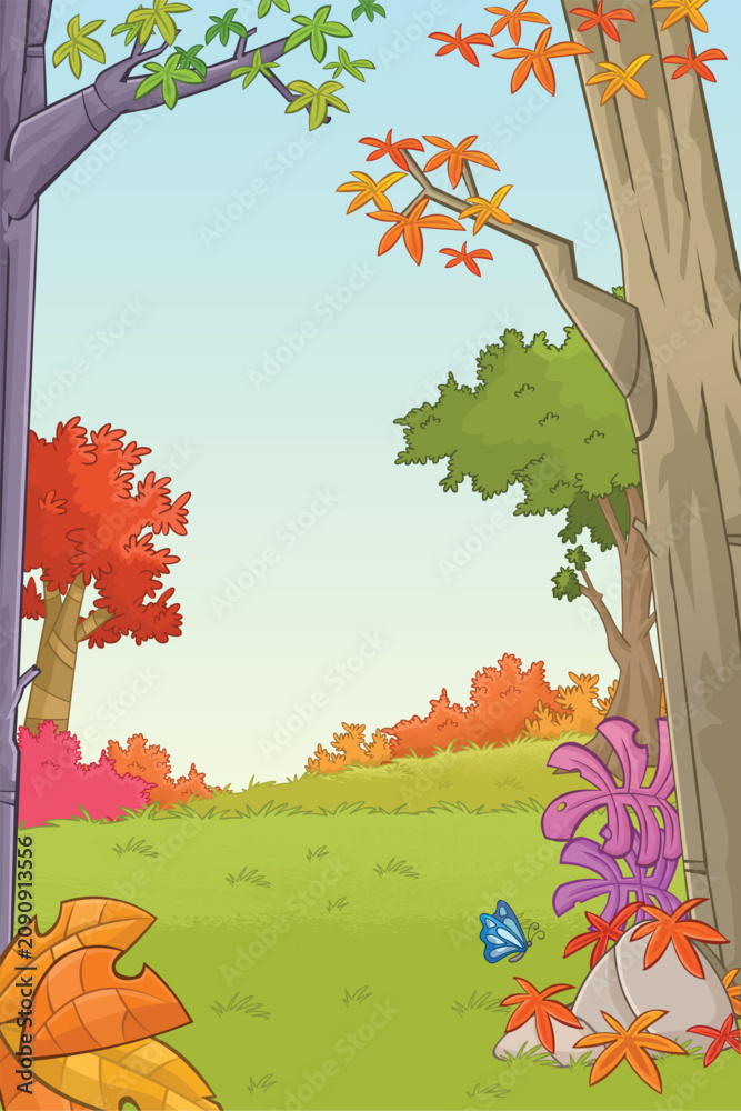 Fototapeta premium Cartoon colorful forest. Green park. Nature landscape.