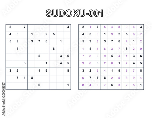Two Sudoku puzzles displayed side-by-side as vector illustrations: an unsolved grid alongside a partially completed version with purple numbers, representing a logic game, brain teaser, and educationa