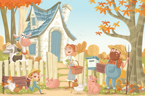 Cartoon farm with animals and farmers. Farm background.