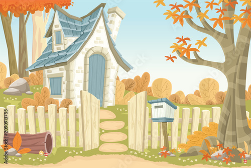 Cartoon house in the woods. Colorful Garden with trees and cottage house. 
