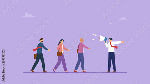 Tableau sur toile Businessman with megaphone tell coworkers to walk the right way
