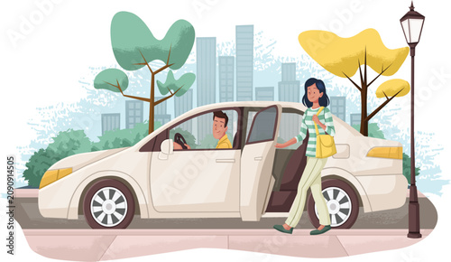 Woman entering a taxi or Uber car in the street. Taxi on the city street.

