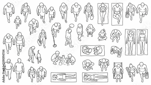 Set of linear sketches depicting diverse activities of elderly people and senior citizens