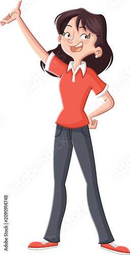 Happy cartoon woman wearing red shirt with arm presenting. Teenager girl stan...