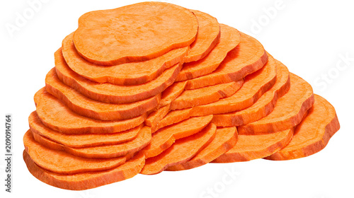 Schilderij op canvas Pile of fresh orange sweet potato slices, isolated on transparent background