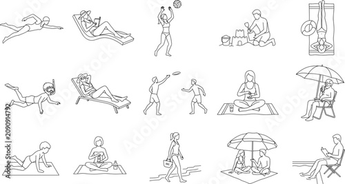 Obraz na płótnie Beach and summer vacation line art icon set featuring people swimming sunbathing