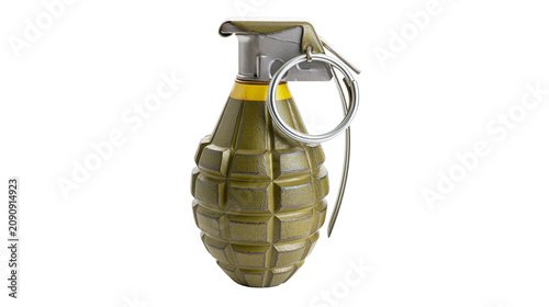 Foto Olive green fragmentation hand grenade with metal pin and yellow band, isolated
