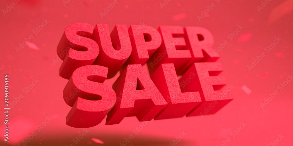 Fototapeta premium Red three dimensional text spelling super sale with subtle shadowing and depth lettering three-dimensional typography