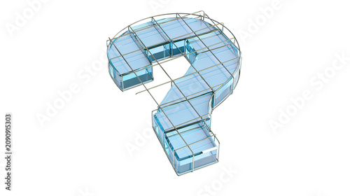 Foto Question mark symbol constructed from blue glass panels and metal frame, isolate