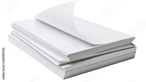 Foto Stack of blank white paper sheets one sheet curled upwards, isolated on transpar