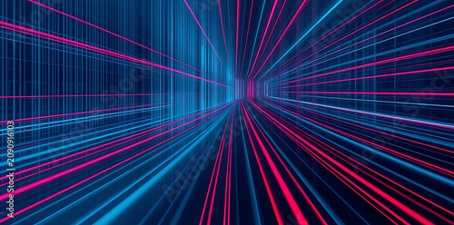 Abstract neon grid tunnel with glowing lines in deep perspective during digital exploration