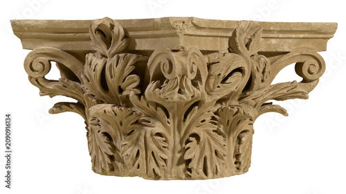 Tableau sur toile Ancient Corinthian stone capital with acanthus leaves and volutes, isolated on t