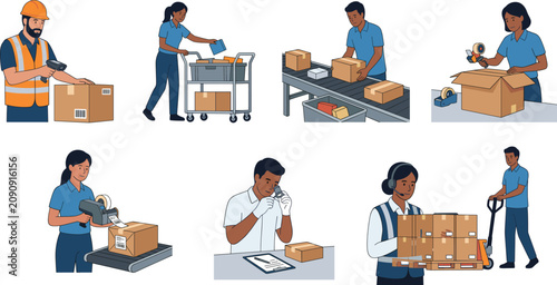 Warehouse and Logistics Worker Collection with Package Scanning Packing Sorting and Quality Inspection
