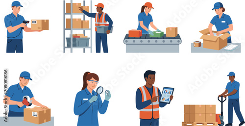 Warehouse Worker and Logistics Staff Collection with Packaging Inventory Shipping and Quality Control