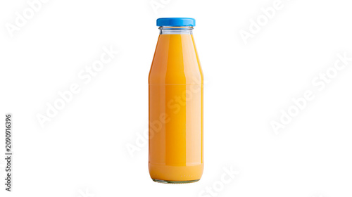Konstfotografi Clear glass bottle filled with bright orange juice sealed with a blue cap, isola