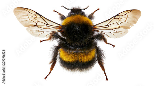 Quadro su tela Fluffy bumblebee with black and yellow stripes wings spread, isolated on transpa