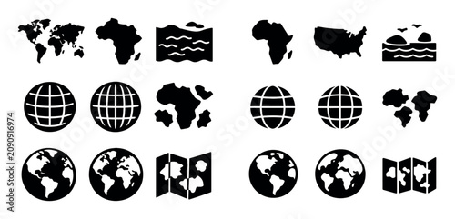 Geography and world map icon set with continent shapes country borders and ocean areas for presentation design in filled glyph style