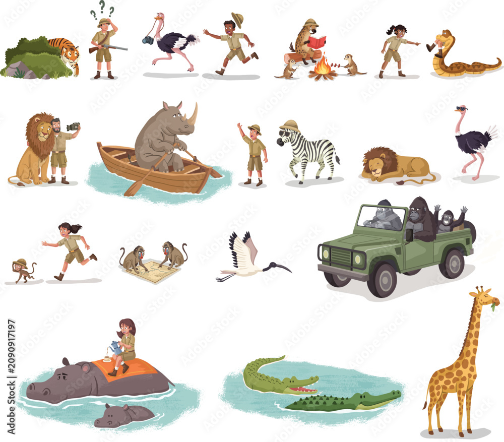 Obraz premium Cartoon-style illustration depicting a bustling African safari scene filled with humorous and chaotic situations. A safari adventure. 