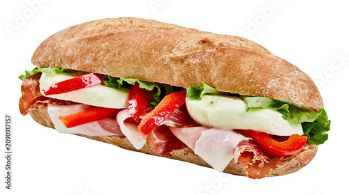 Konstfotografi Hearty sub sandwich with ham mozzarella red peppers and lettuce, isolated on tra