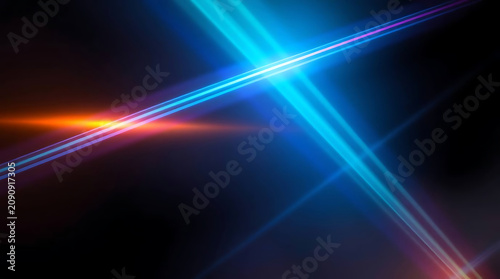 Blue and orange light streaks crossing in darkness with abstract motion blur for technology concepts