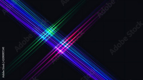 Abstract crossing neon light beams in dark background during night club event concept