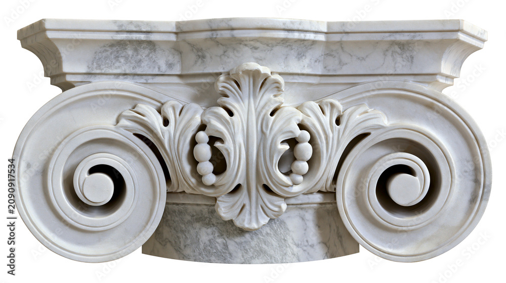 Naklejka premium Ornate white marble Ionic column capital with volutes and acanthus leaves, isolated on transparent background