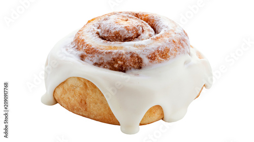 Obraz na plátně Sweet cinnamon roll with thick cream cheese frosting, isolated on transparent ba