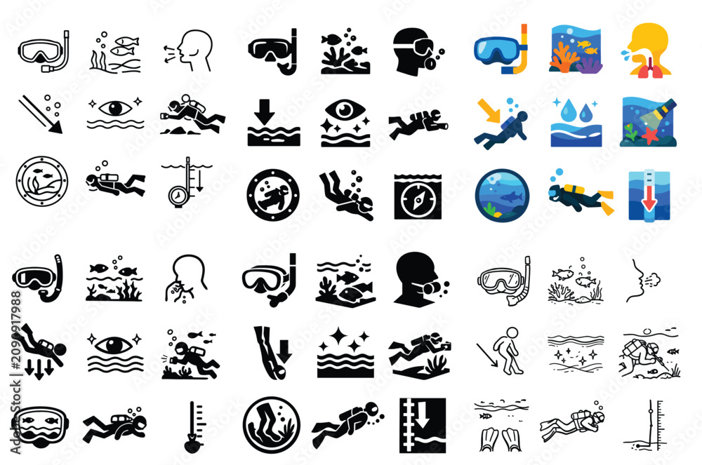 Fototapeta premium Diving and underwater exploration vector icons with mask, fish and coral for mobile app design in flat style