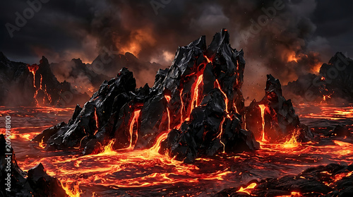 Volcanic landscape with glowing red hot molten lava flows and dark rock formations under a smoky fiery sky