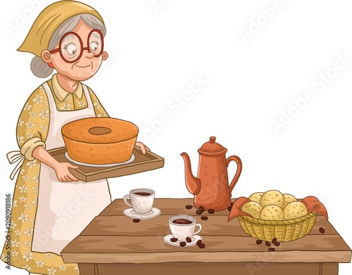 Cartoon kind elderly woman carrying a wooden tray with a cake. Table with vintage copper coffee pot, breads or pastries. 