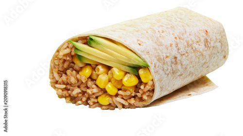 Obraz na plátně Hearty burrito with rice corn and avocado slices, isolated on transparent backgr
