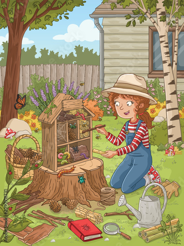 Cartoon young girl in denim overalls constructing a multi-compartment wooden insect hotel sitting on a large tree stump  filled with various small creatures. Biodiverse garden.

