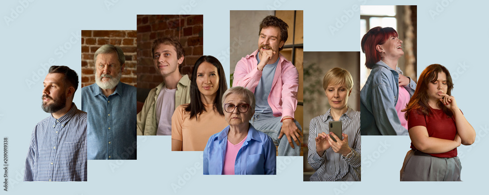 Obraz premium Portrait collage of multi generation people representing diverse talent pool for recruitment. Concept of candidate database, hiring campaigns, workforce diversity and talent selection.