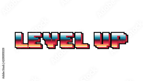 Fotografie Vibrant retro pixel art typography featuring the phrase Level Up isolated on a clean white background