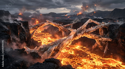 Dramatic volcanic landscape with glowing magma flowing under massive crystal branch structures