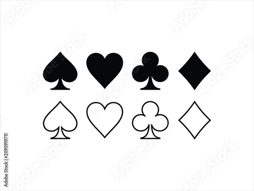 Set of playing card suits icons, solid black and outline versions