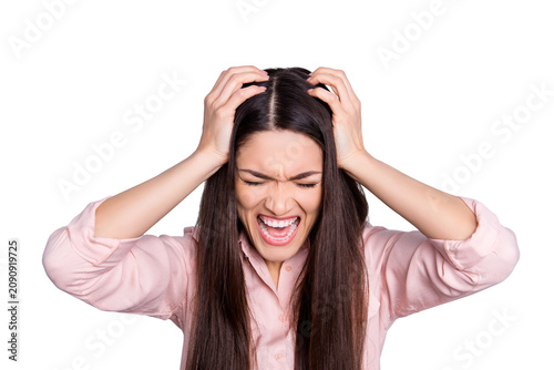 Fotografie Portrait of mad crazy woman with violent irritated reaction, shouting with close
