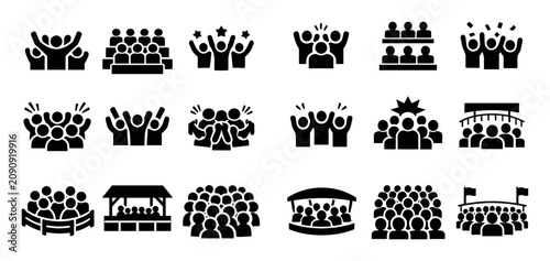 Rodeo and crowd icon set with cheering audience arena seats and lively reaction for event design in minimal style