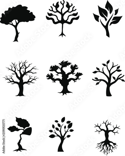 Collection of tree silhouette vector icons featuring various tree shapes, isolated on a white background. Ideal for nature, landscaping, logos, branding, web, and print design.